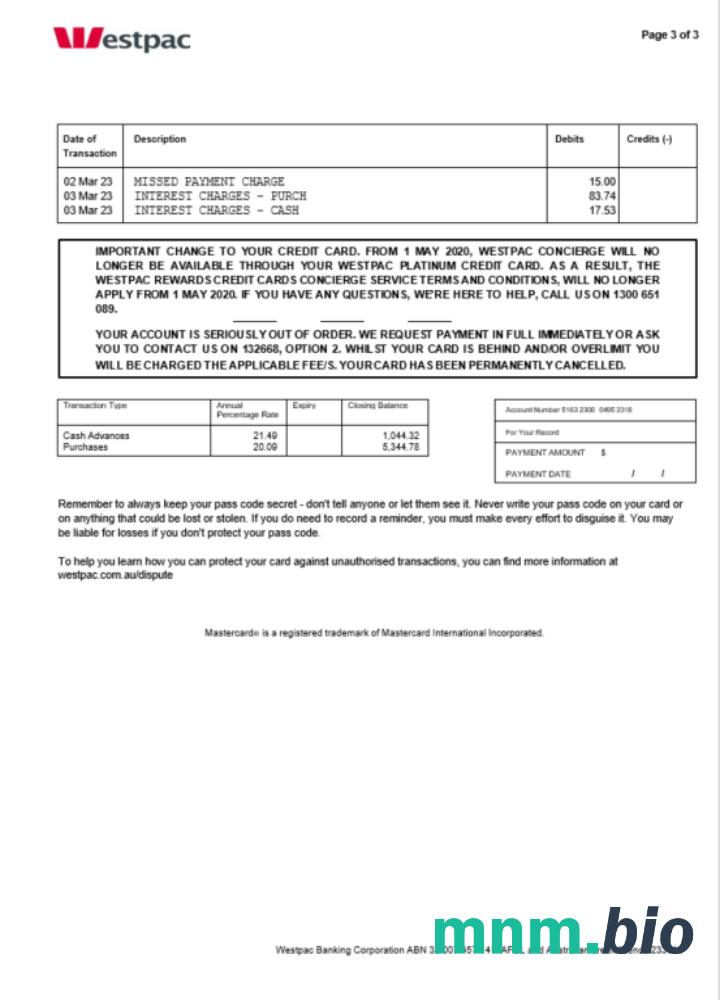 Australia Westpac wyciąg bankowy szablon Worda i PDF, 3 stronas 1, 2